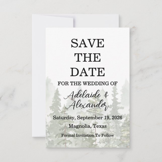 Save The Date Mariage Vert Forêt Bois Rustique  (Devant)