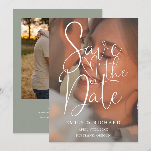 Save The Date Mariage Vert Sauge 2 Photo Écriture Élégante (Devant / Derrière)