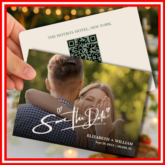 Save The Date Mariage Vert Sauge | Code QR de Photo (Créateur téléchargé)