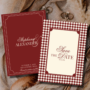 Save The Date Mariage Vintage Argent Ancien à carreaux Rouge Fon