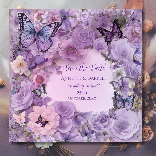 Save The Date Mariage Vintage Botanique Papillon Lavande (Créateur téléchargé)