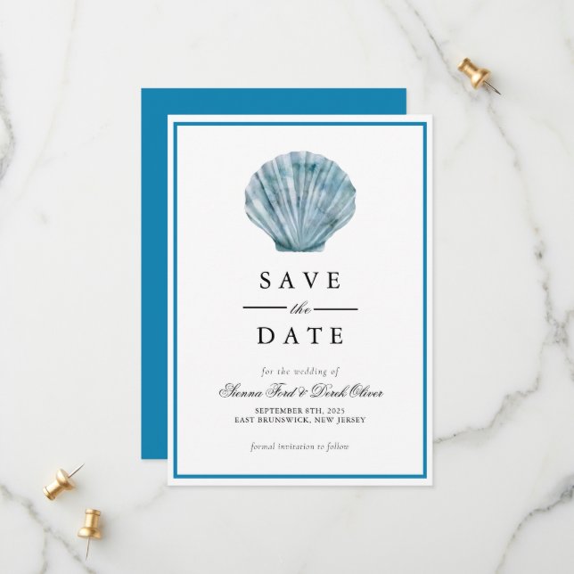 Save The Date Mariage Vintage Coquillage Simple Bleu Turquoise (Devant/Arrière en situation)