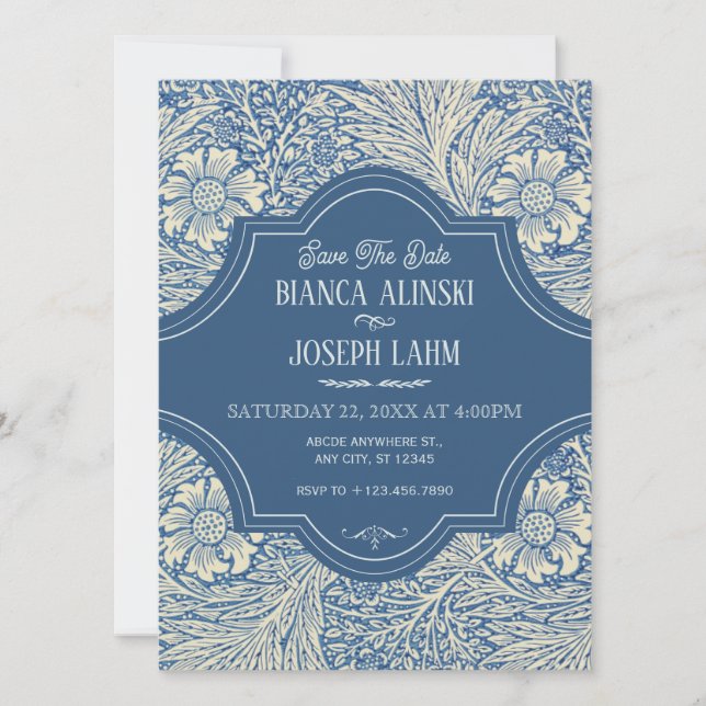 SAVE THE DATE MARIAGE VINTAGE FLEUR BLEUE  (Devant)