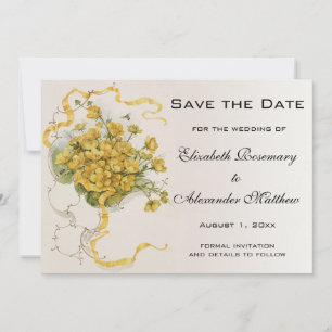 Save The Date Mariage Vintage, Fleurs de Bouton d'Or Jaunes et A
