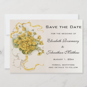 Save The Date Mariage vintage, Fleurs et abeilles en beige jaune
