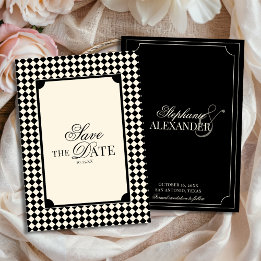 Save The Date Mariage Vintage Noir & Ivoire à Carreaux "Old Mone