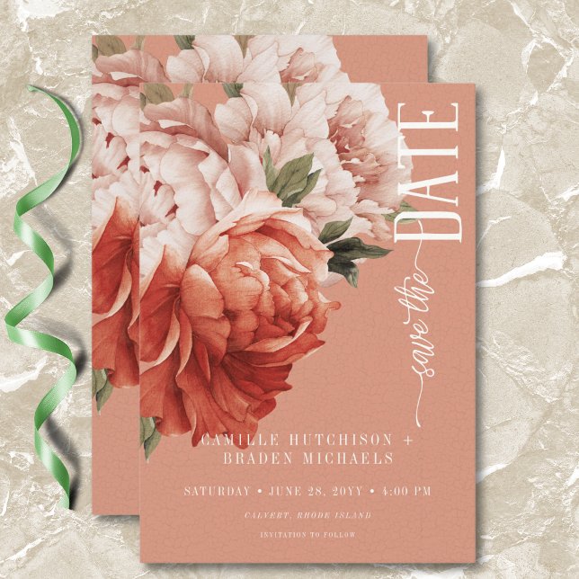 Save The Date Mariage vintage Rustic Rust & Peach Peonies (Vintage Rustic Rust & Peach Peonies Wedding Save The Date)