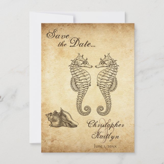 Save The Date Mariage vintage Seahorses et Conch Shell Beach (Devant)