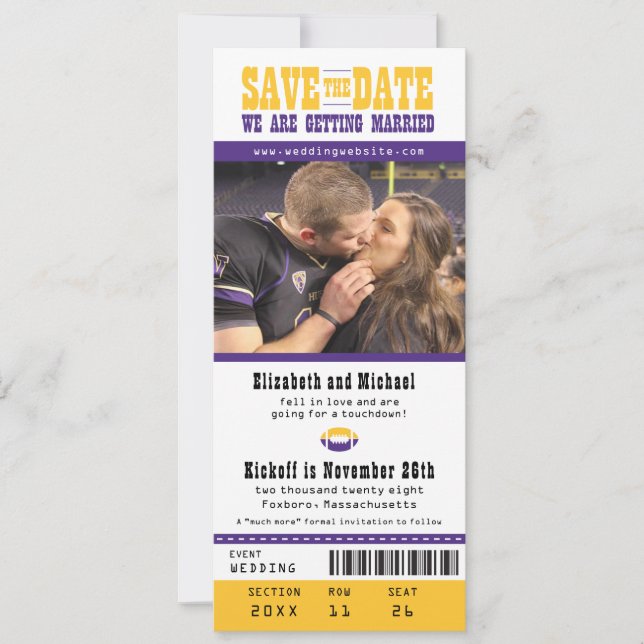 Save The Date Mariage violet Enregistrer le billet de football d (Devant)
