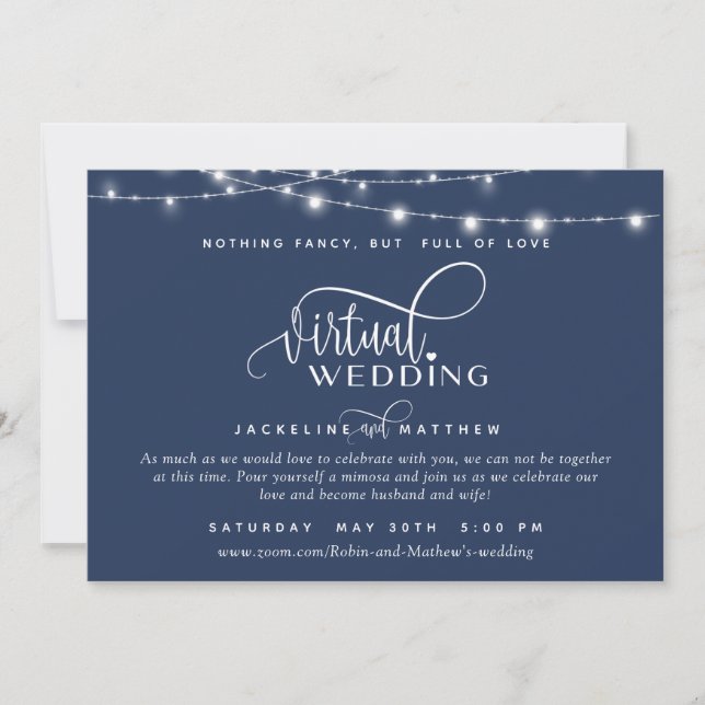 Save The Date Mariage virtuel en ligne bleu marine, lumières à c (Devant)