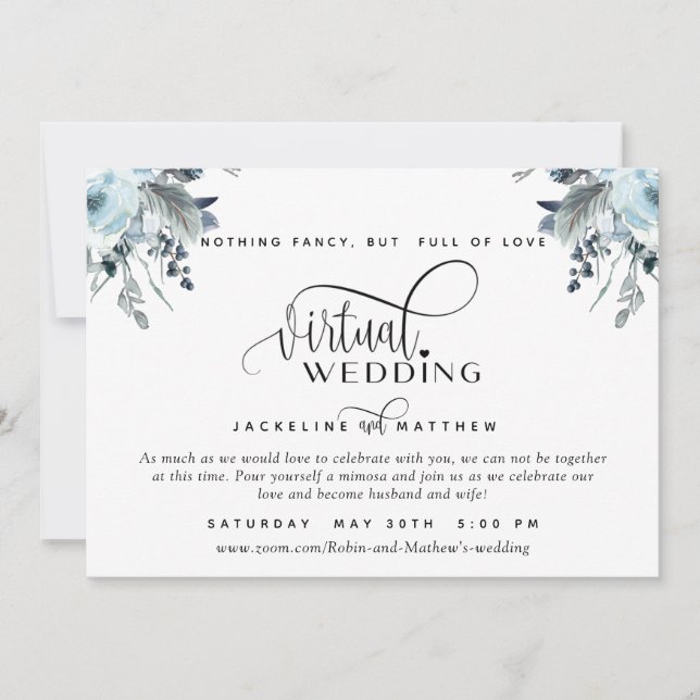 Save The Date Mariage virtuel en ligne Floral bleu, blanc et gri (Devant)