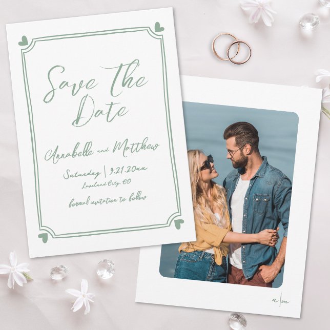 Save The Date Mariage Whimsical photo vert main tiré (Hand Drawn Photo Green Whimsical Wedding Save the Date)