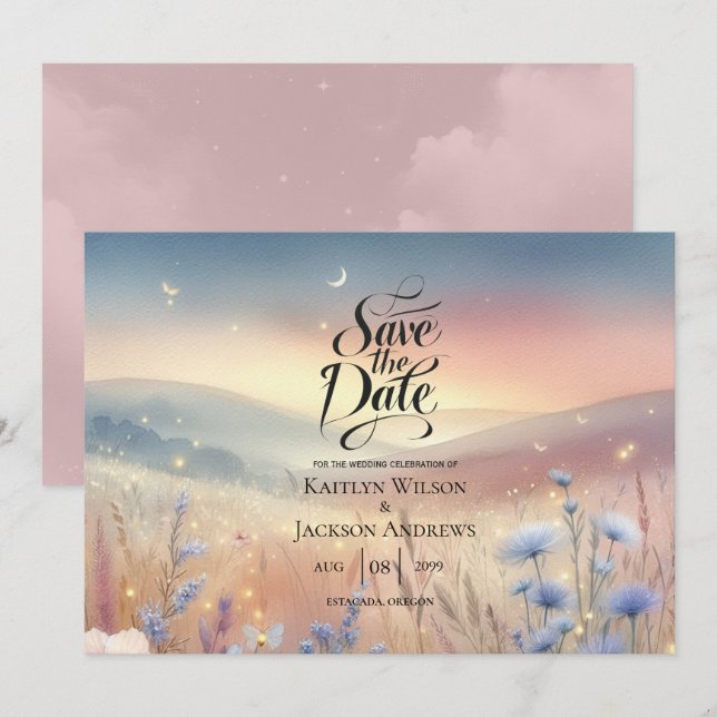 Save The Date Mariage Whispers Fleur sauvage Lune (Devant / Derrière)