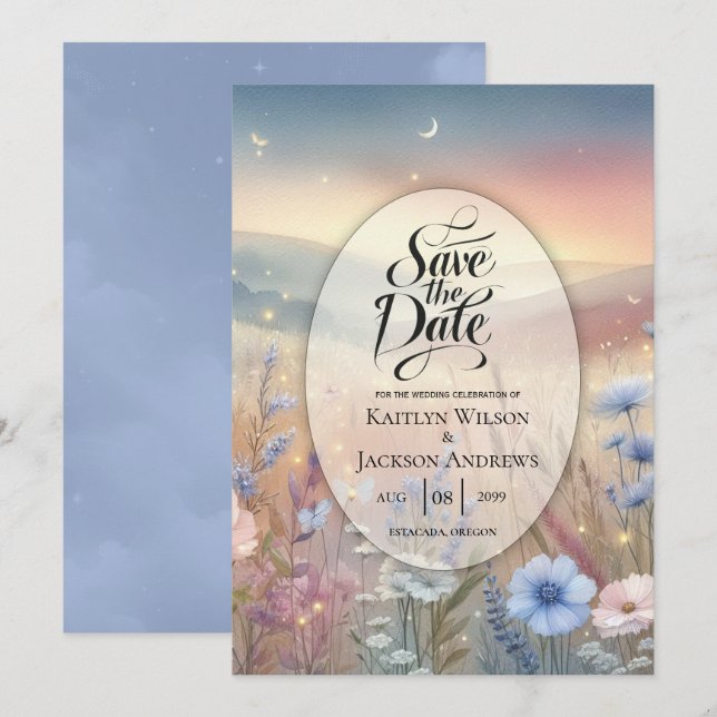 Save The Date Mariage Whispers Fleur sauvage Lune (Devant / Derrière)