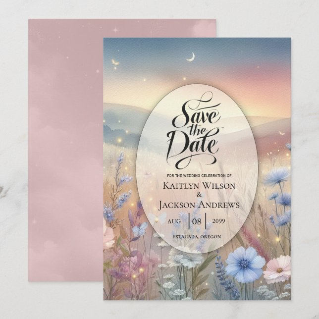 Save The Date Mariage Whispers Fleur sauvage Lune (Devant / Derrière)