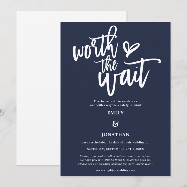 Save The Date Mariage Worth the Wait Script Navy White (Devant / Derrière)