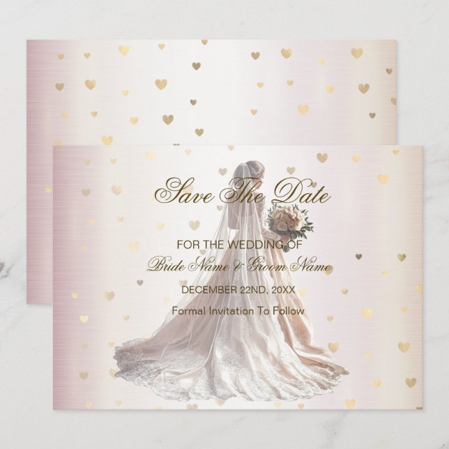 Save The Date Mariée d'hiver rose Golden Shiny Hearts (Devant / Derrière)