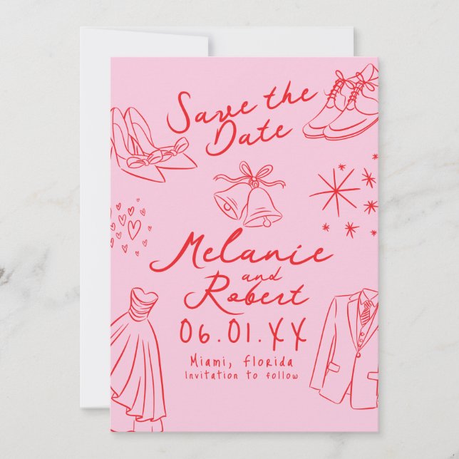 Save The Date Mariée époux dessins à la main noir blanc  (Devant)