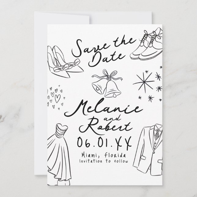 Save The Date Mariée époux dessins à la main noir blanc  (Devant)