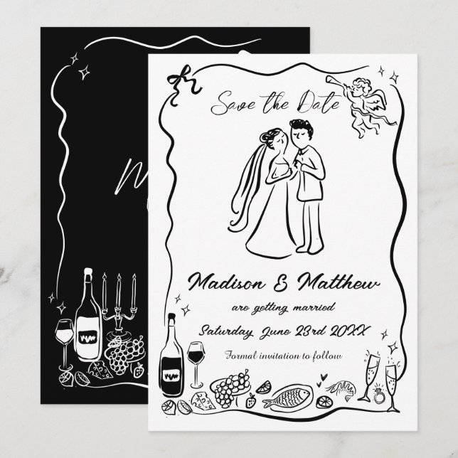 Save The Date Mariée et Marié Mariage Gribouillis Dessinés à la  (Devant / Derrière)