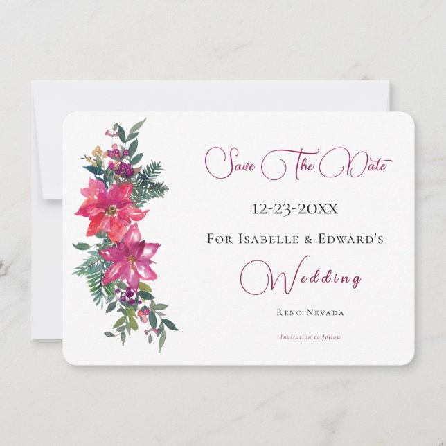 Save The Date Mariés joyeusement Rose Fleurs de Noël Mariage (Devant)