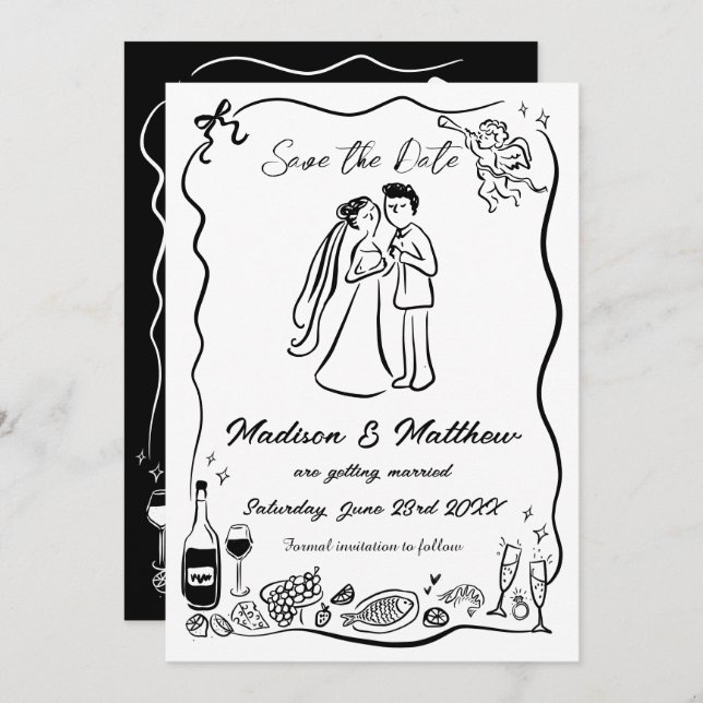 Save The Date Mariés Mariée & Groom Dessins à main levée Griboui (Devant / Derrière)