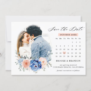Save The Date Marine Ardoise bleue Dusty Blush Floral Mariage Ph