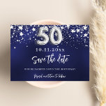 Save The Date Marine bleu argent étoiles 50e anniversaire<br><div class="desc">Une pièce moderne et élégante Save the Date pour un 50ème anniversaire. Un arrière - plan bleu marine décoré de faux étoiles argentées. Personnalisez et ajoutez une date et un nom. La couleur bleue est inégale. Le texte : Save the Date est écrit avec un grand script de style à...</div>