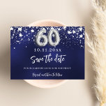 Save The Date Marine bleu argent étoiles 60e anniversaire<br><div class="desc">Une pièce moderne et élégante Save the Date pour un 60ème anniversaire. Un arrière - plan bleu marine décoré de faux étoiles argentées. Personnalisez et ajoutez une date et un nom. La couleur bleue est inégale. Le texte : Save the Date est écrit avec un grand script de style à...</div>