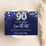 Save The Date Marine bleu argent étoiles 90e anniversaire<br><div class="desc">Une pièce moderne et élégante Save the Date pour un 90ème anniversaire. Un arrière - plan bleu marine décoré de faux étoiles argentées. Personnalisez et ajoutez une date et un nom. La couleur bleue est inégale. Le texte : Save the Date est écrit avec un grand script de style à...</div>