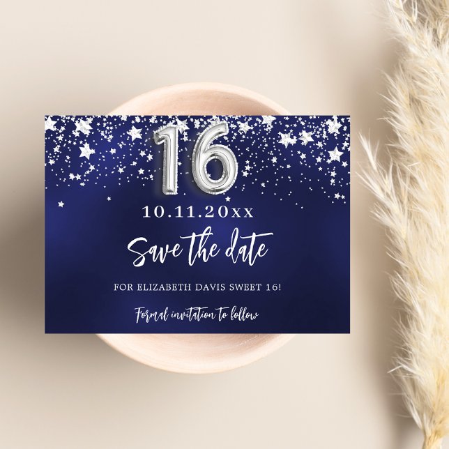 Save The Date Marine bleu argent étoiles Sweet 16 (Créateur téléchargé)