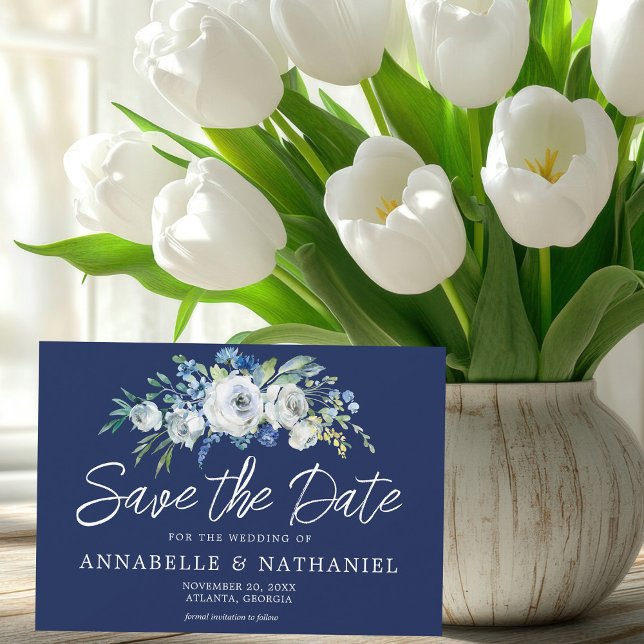 Save The Date Marine Bleu Blanc Floral Élégant Soirée d'hiver (Créateur téléchargé)