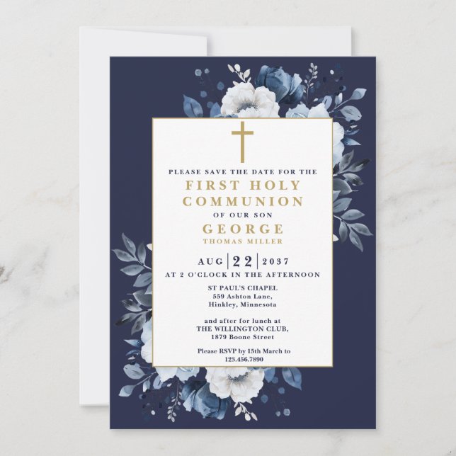 Save The Date Marine Bleu Boho Floral First Holy Communion (Devant)