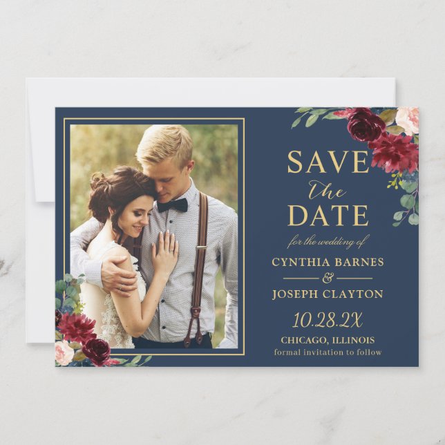 Save The Date Marine Bleu Bourgogne Floral Gold Mariage Photo (Devant)