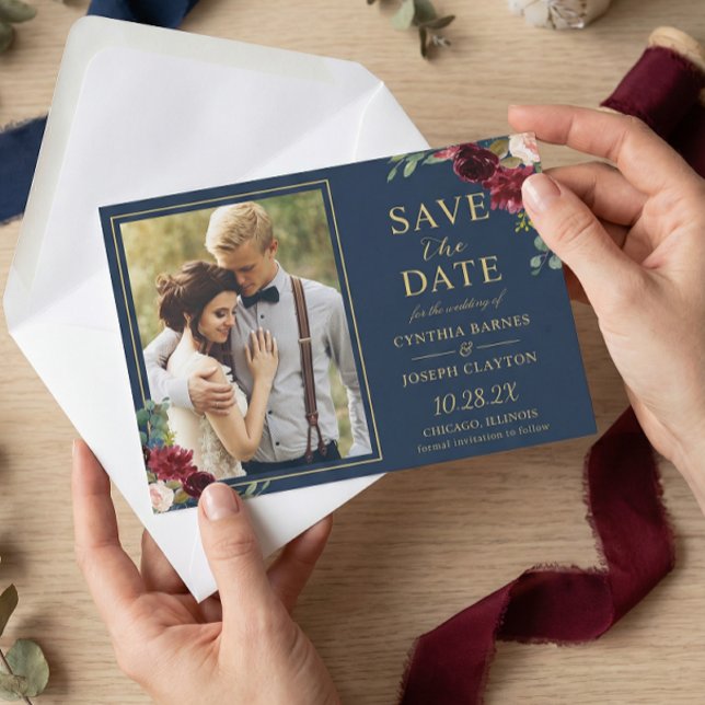 Save The Date Marine Bleu Bourgogne Floral Gold Mariage Photo (Créateur téléchargé)