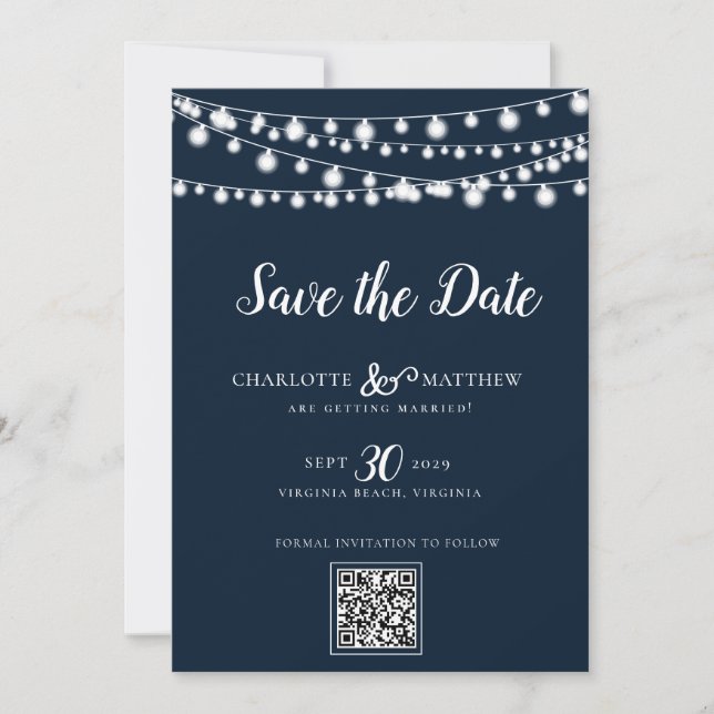Save The Date Marine Bleu Chaîne Lumières Script moderne Enregis (Devant)