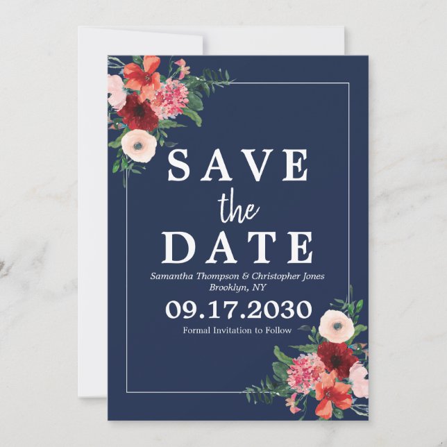 Save The Date Marine Bleu Corail Bourgogne Floral Aquarelle Mari (Devant)