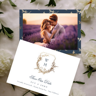 Save The Date Marine Bleu Gold Classic Monogram Crest Mariage