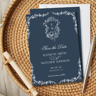 Save The Date Marine Bleu Monogramme Floral Vintage Crest Mariag