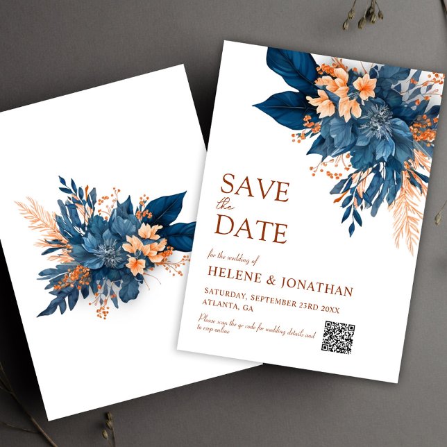 Save The Date Marine Bleu Orange Boho Floral Mariage élégant (Navy Blue Orange Boho Floral Elegant Wedding Save The Date)