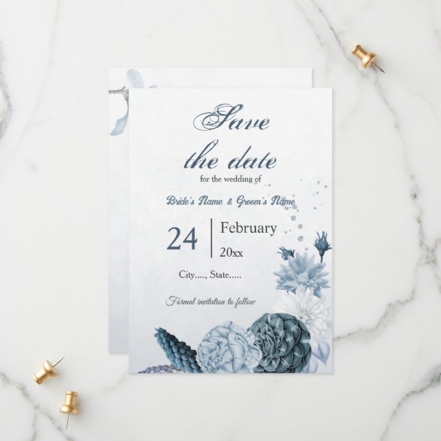 Save The Date marine bleu poussiéreux fleurs mariage botanique (Devant/Arrière en situation)
