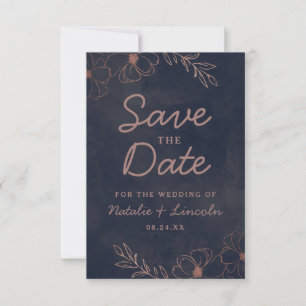 Save The Date Marine Bleu & Rose Gold Foil Frontière Florale Rus