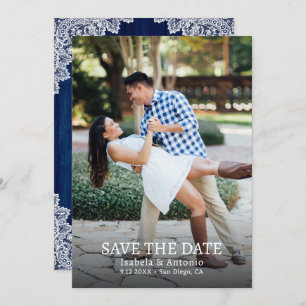 Save The Date Marine Bleu Rustique Bois Floral dentelle Mariage
