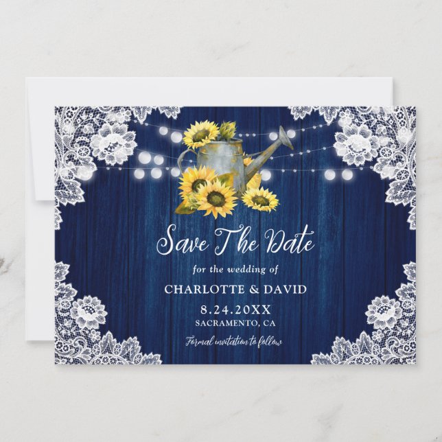 Save The Date Marine Bleu Tournesol Bois Dentelle arrosage Can M (Devant)