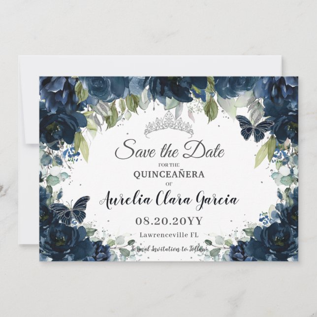 Save The Date Marine Bleue Floral XV Quinceañera Enregistrer la  (Devant)