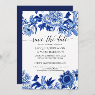 Save The Date Marine Blue and White Asian Influence Chinoiserie
