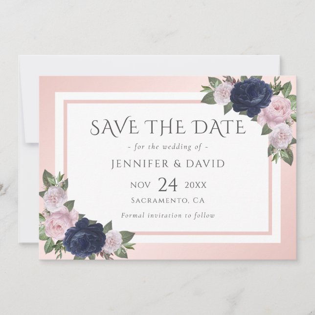 Save The Date Marine Blue Blush Rose Floral Mariage Enregistrer  (Devant)