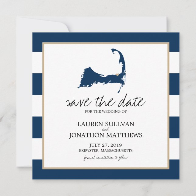 Save The Date Marine Blue BREWSTER Cape Cod Map Enregistrer la d (Devant)