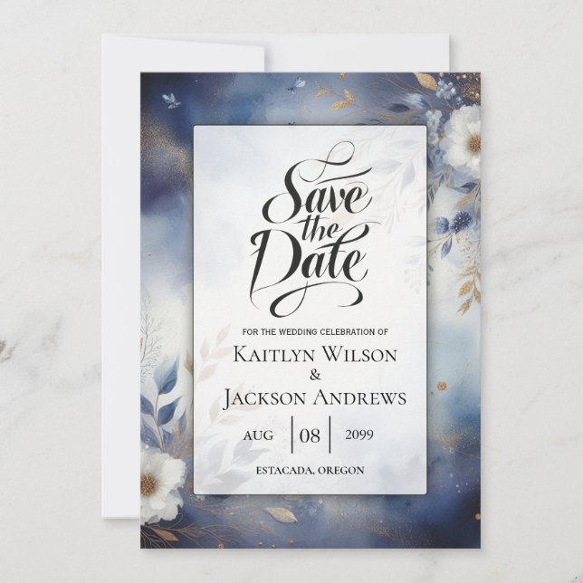 Save The Date Marine Blue et Gold Floral Wedding Enregistrer la  (Devant)