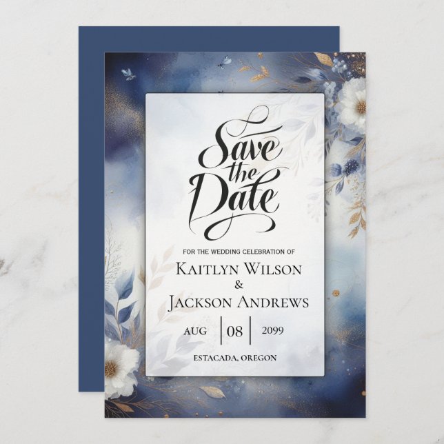 Save The Date Marine Blue et Gold Floral Wedding Enregistrer la  (Devant / Derrière)